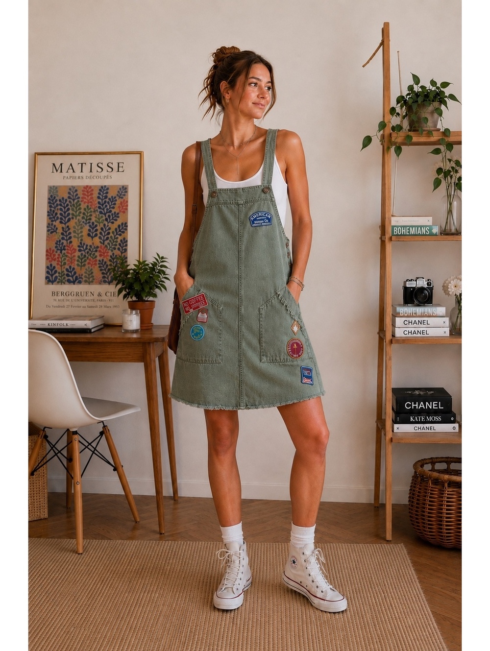 ZARA Trafaluc Green Utility Pinafore Dress Patches Raw Hem CBK Streetwear